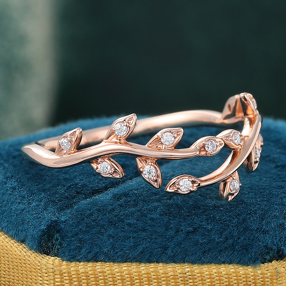 Juyoyo Unique Vintage Moissanite Curved Wedding Band Nature Inspired Leaf Vine Stacking Ring