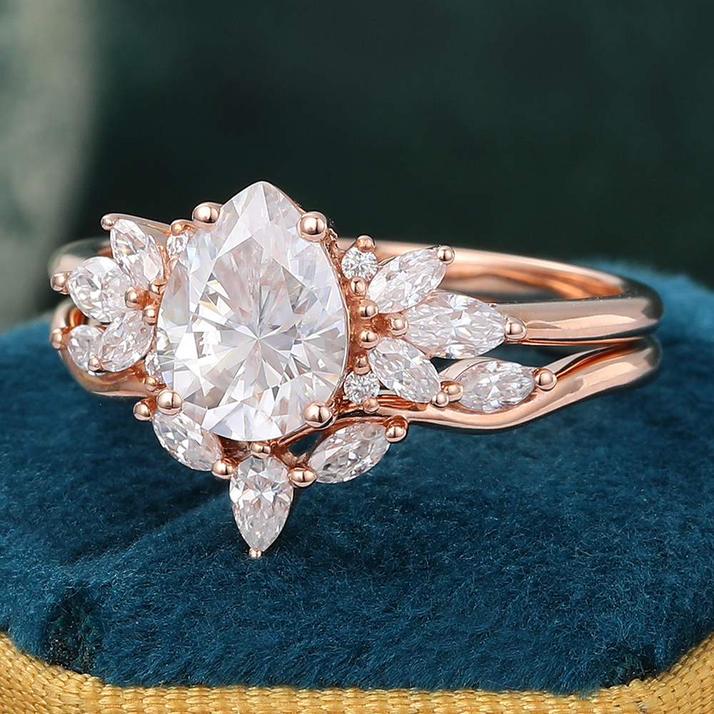 Juyoyo Vintage Pear Shaped Moissanite Engagement Ring Set 14k Rose Gold Unique Bridal Ring - 2pcs