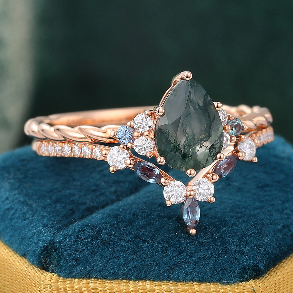 Juyoyo Moss Agate & Moissanite & Alexandrite Bridal Ring Set Affordable Wedding Set -2pcs
