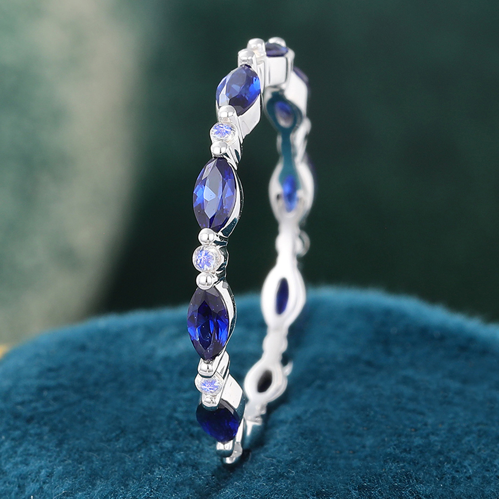 Marquise Sapphire Eternity Wedding Band White Gold Moonstone Stacking Ring September Birthstone