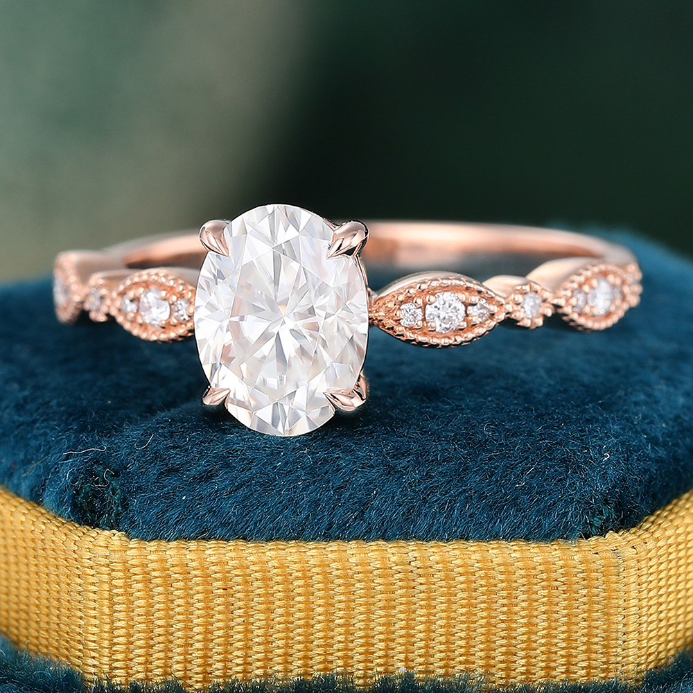 Juyoyo Oval Cut Moissanite Rose Gold Half Eternity Pavé Engagement Ring
