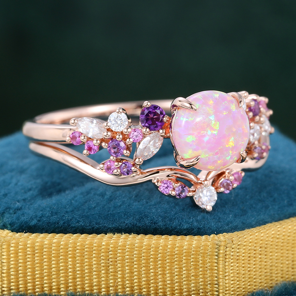 Juyoyo Round Pink Opal Engagement Ring Set Nature Inspired Bridal Set 14K Rose Gold