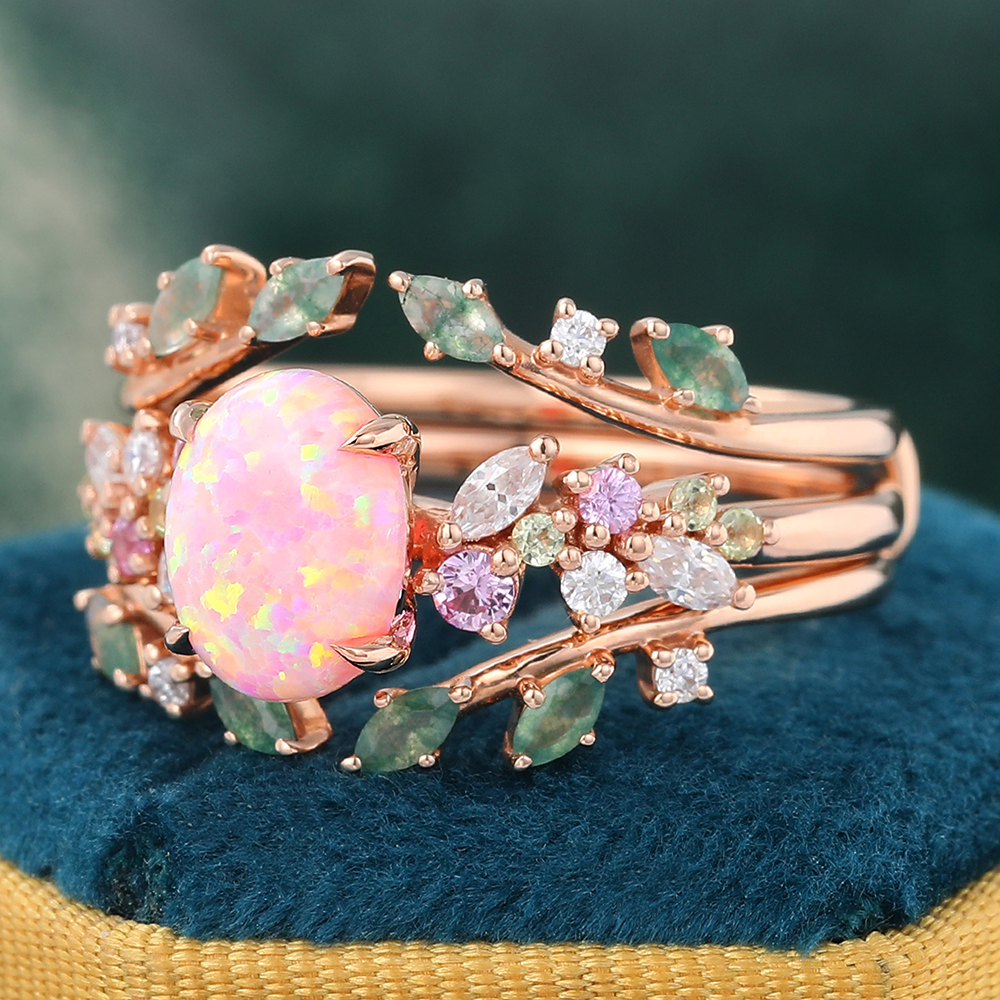 Juyoyo Oval Cut Pink Opal Bridal Ring Set Vintage Nature Inspired Double Curved Wedding Band
