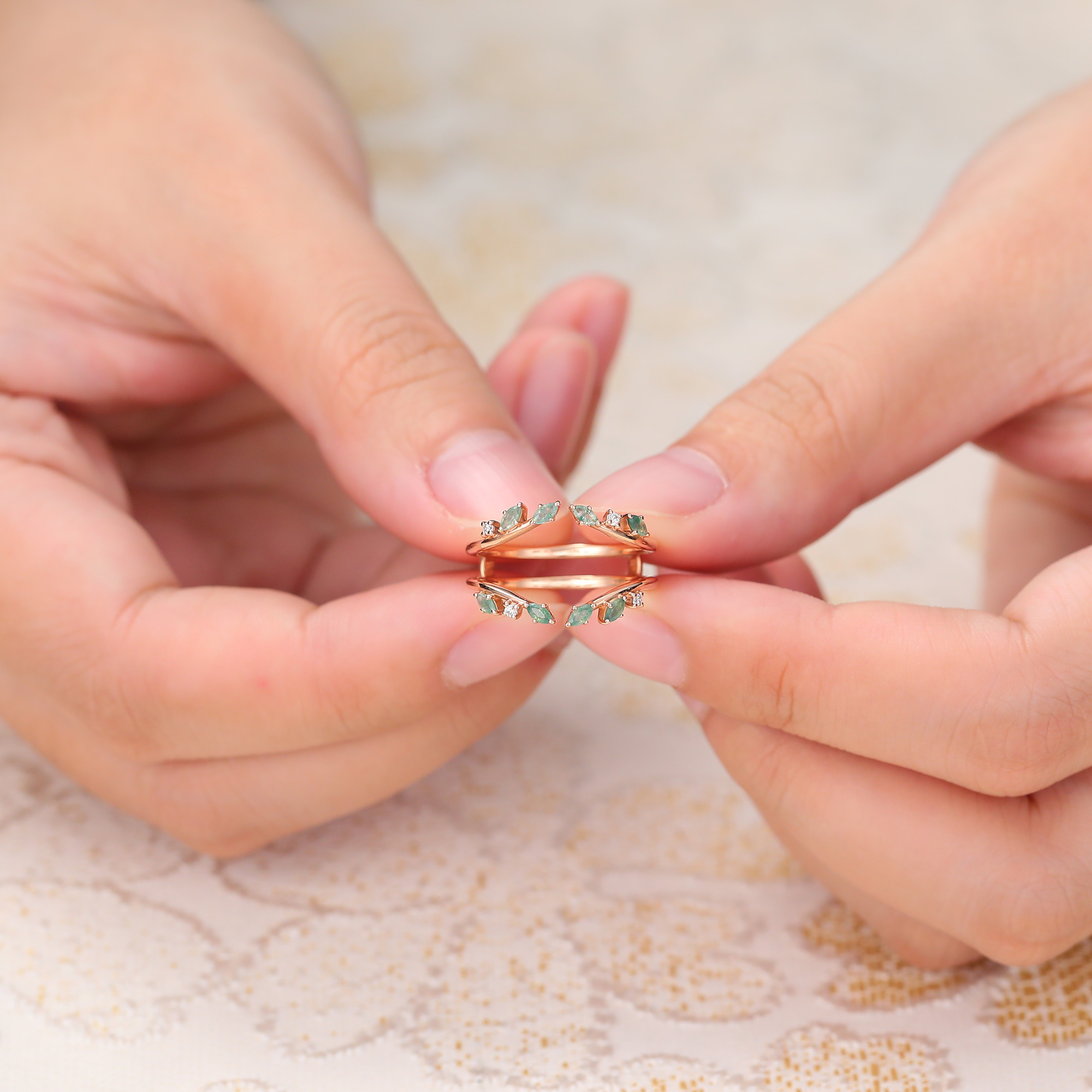 Moss Agate Double Curved Wedding Band Enhancer Vintage Nature Inspired Wedding Ring for Women