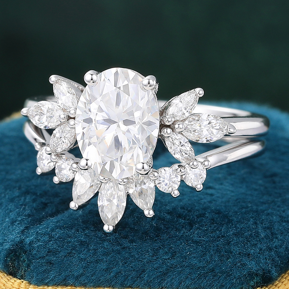 Juyoyo Dainty Oval Moissanite Bridal Ring Set White Gold Diamond Cluster Engagement Ring Set