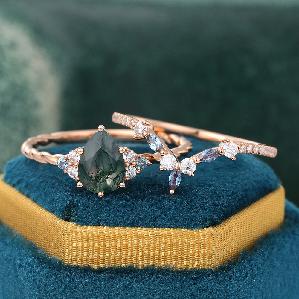 Juyoyo Moss Agate & Moissanite & Alexandrite Bridal Ring Set Affordable Wedding Set -2pcs
