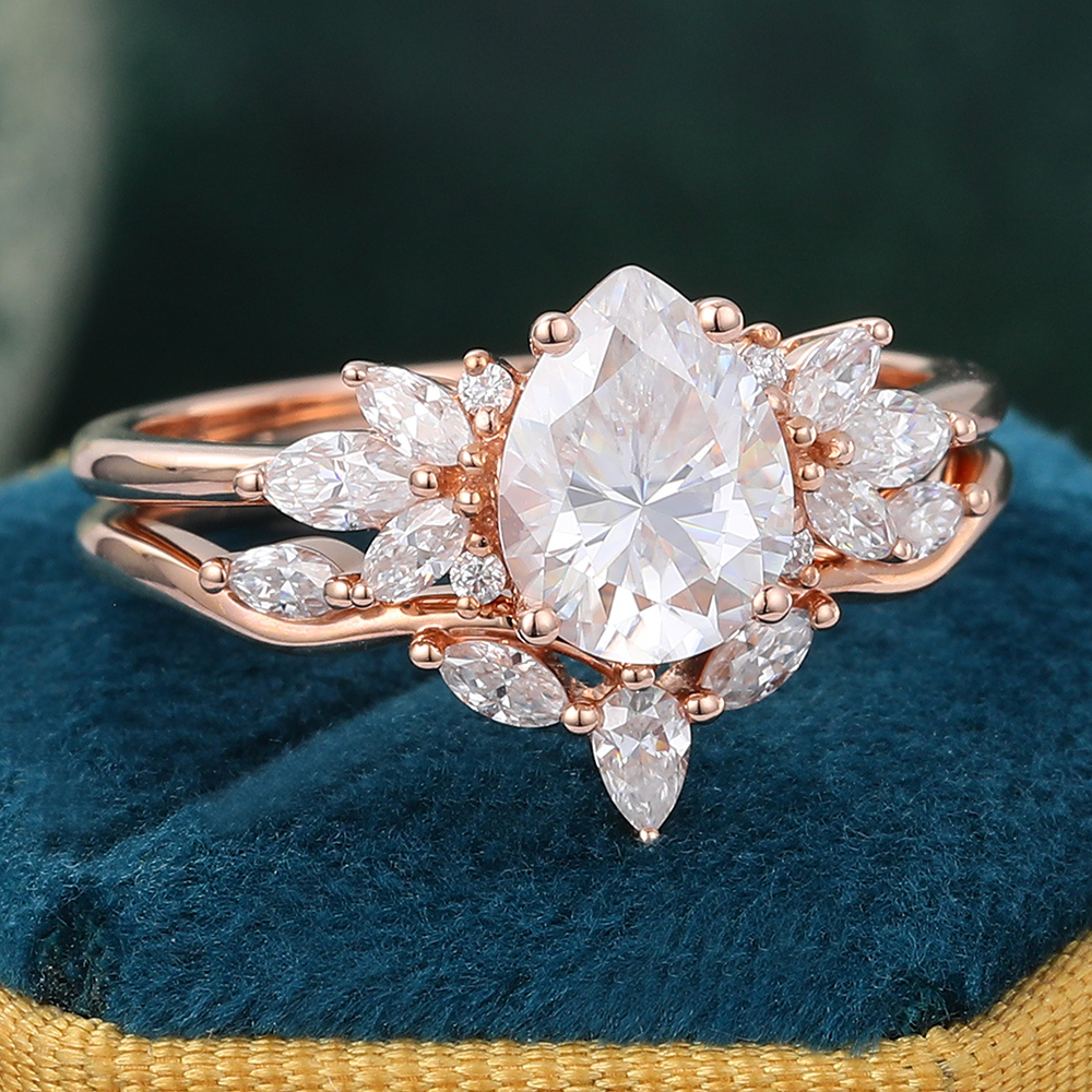 Juyoyo Vintage Pear Shaped Moissanite Engagement Ring Set 14k Rose Gold Unique Bridal Ring - 2pcs