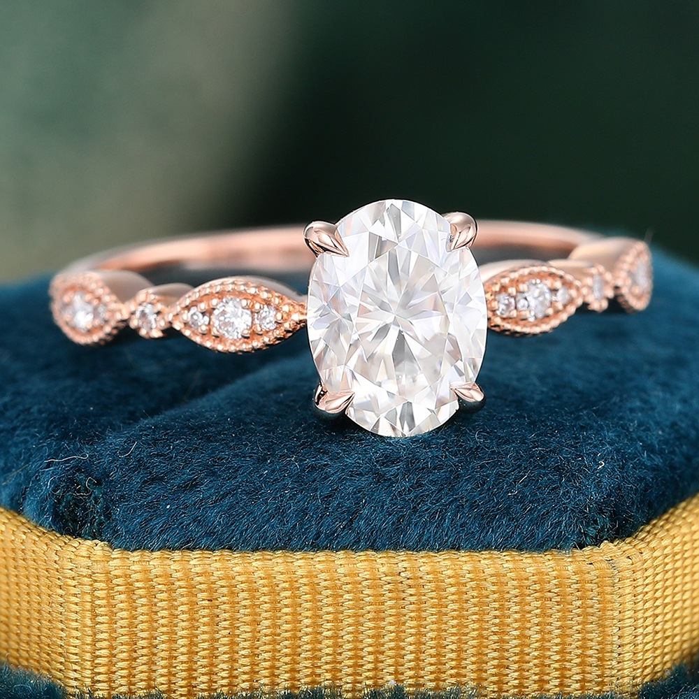 Juyoyo Oval Cut Moissanite Rose Gold Half Eternity Pavé Engagement Ring