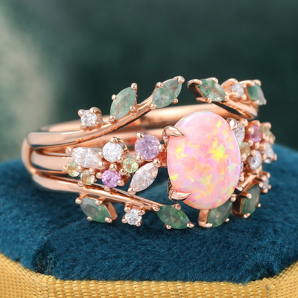 Juyoyo Oval Cut Pink Opal Bridal Ring Set Vintage Nature Inspired Double Curved Wedding Band