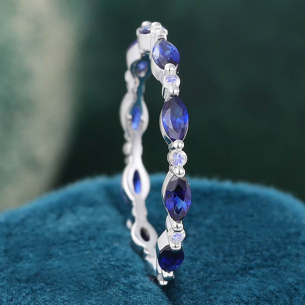 Marquise Sapphire Eternity Wedding Band White Gold Moonstone Stacking Ring September Birthstone