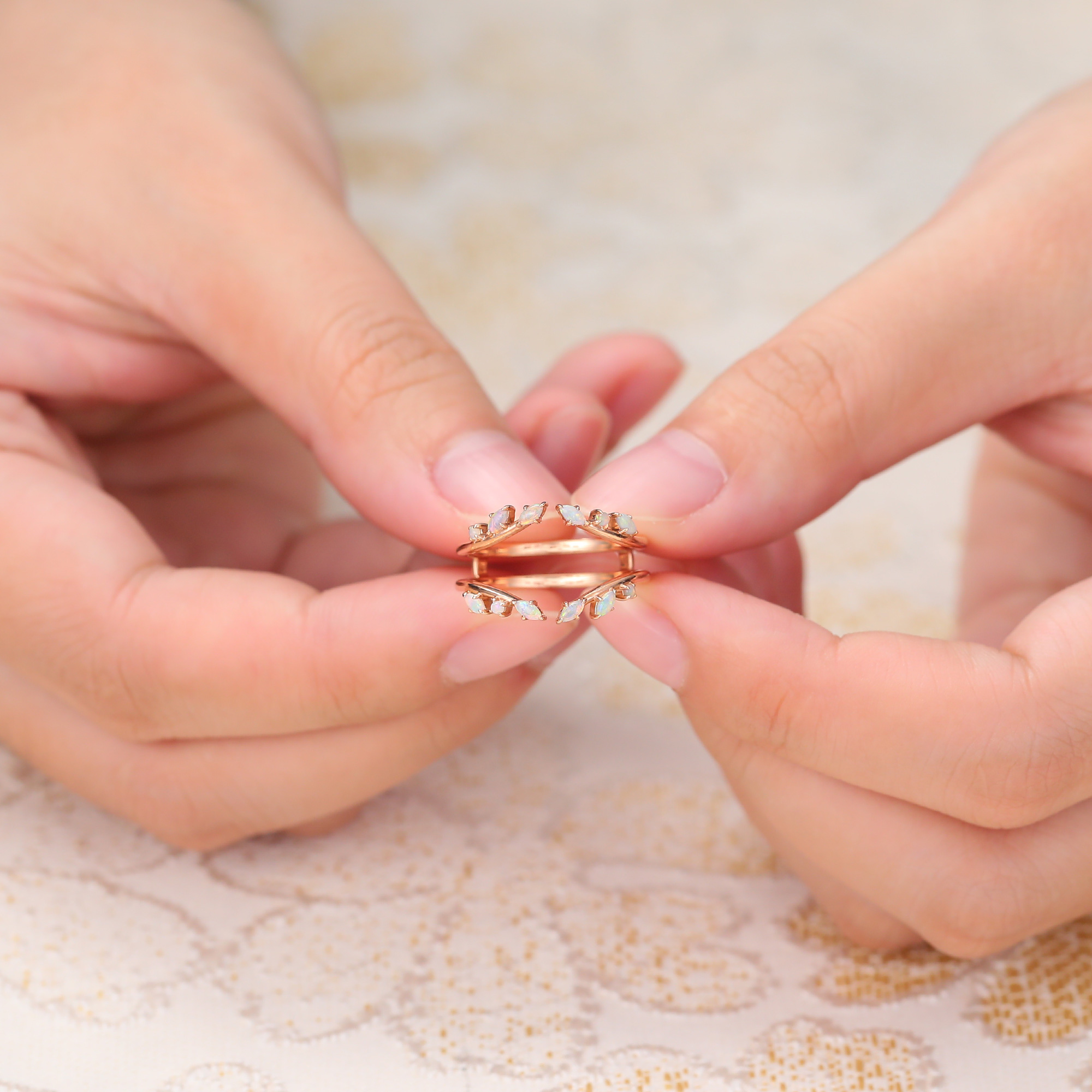 Opal Double Curved Wedding Band Enhancer Vintage Leaf Nature Inspired Wedding Ring Rose Gold