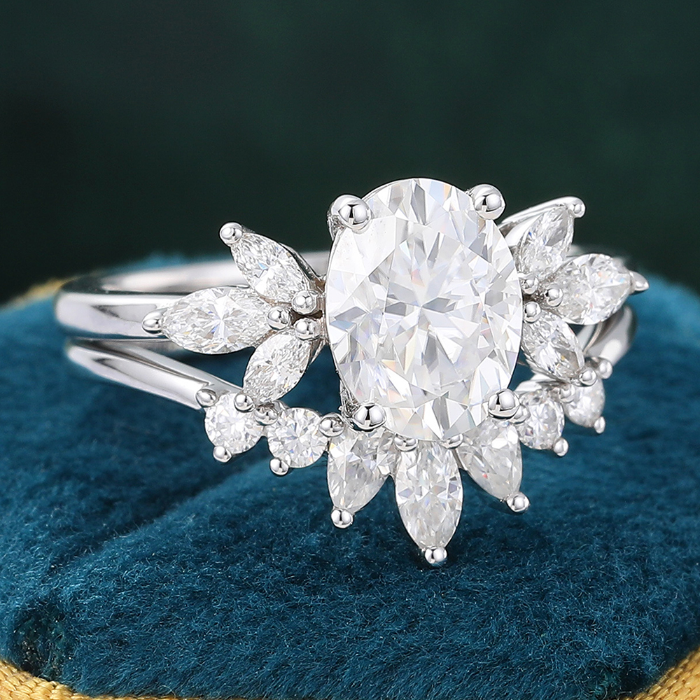 Juyoyo Dainty Oval Moissanite Bridal Ring Set White Gold Diamond Cluster Engagement Ring Set