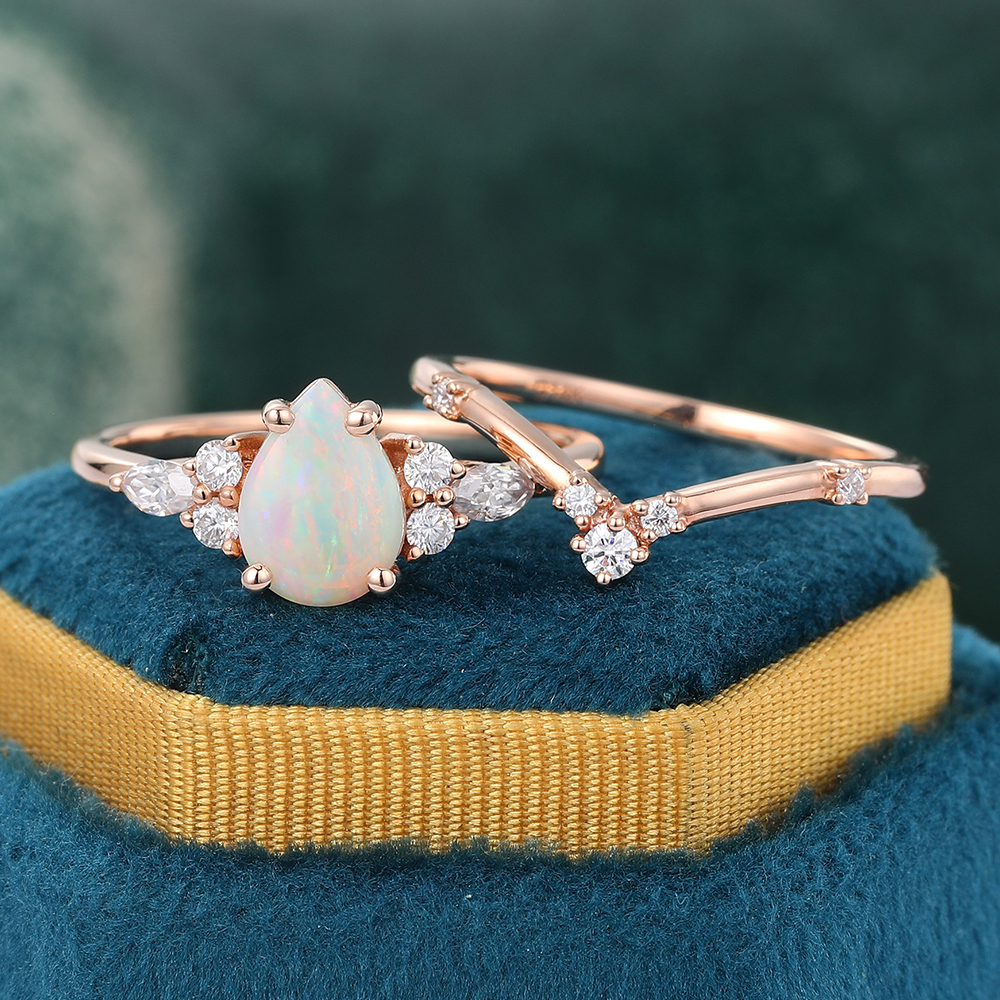 Juyoyo Pear Shaped Opal Engagement Ring Cluster Bridal Ring