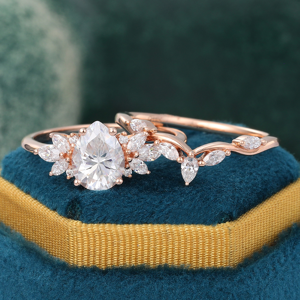Juyoyo Vintage Pear Shaped Moissanite Engagement Ring Set 14k Rose Gold Unique Bridal Ring - 2pcs