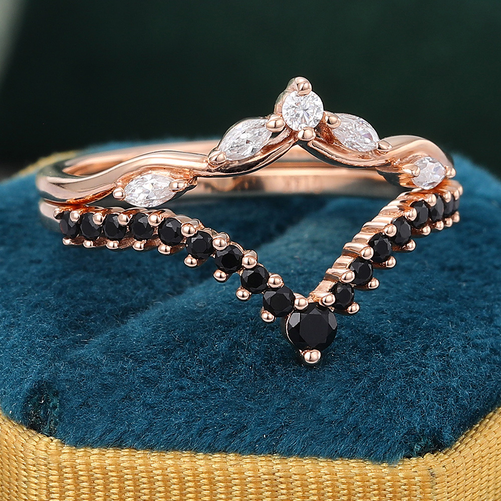 Juyoyo Unique Moissanite & Black Onyx Double Curved Wedding Band Stacking Ring in Rose Gold