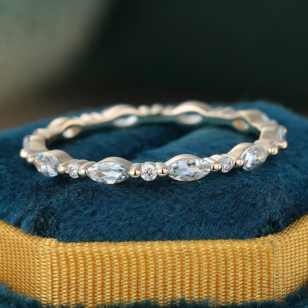 Juyoyo Marquise Aquamarine Ring Yellow Gold Eternity Wedding Band