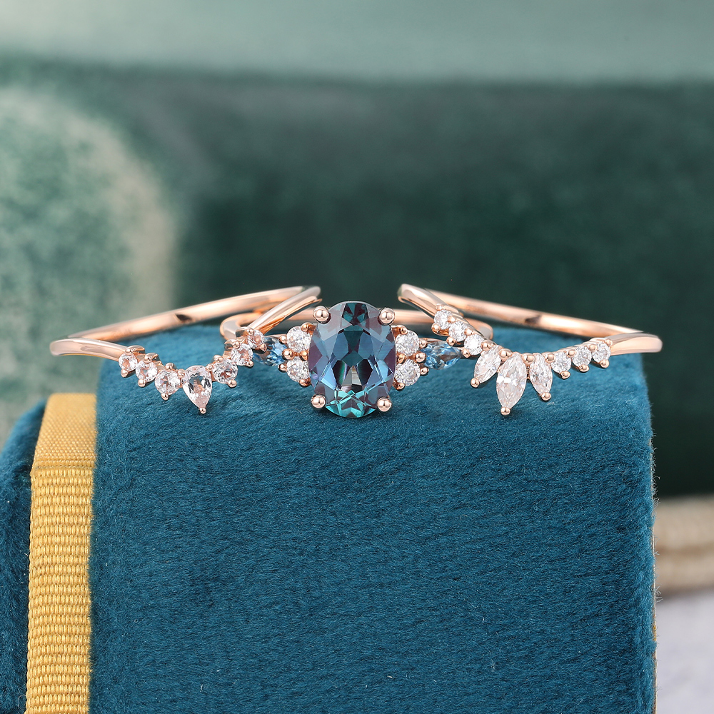 Juyoyo Vintage Alexandrite Wedding Ring Set 14K Rose Gold Morganite Wedding Band Set - 3pcs