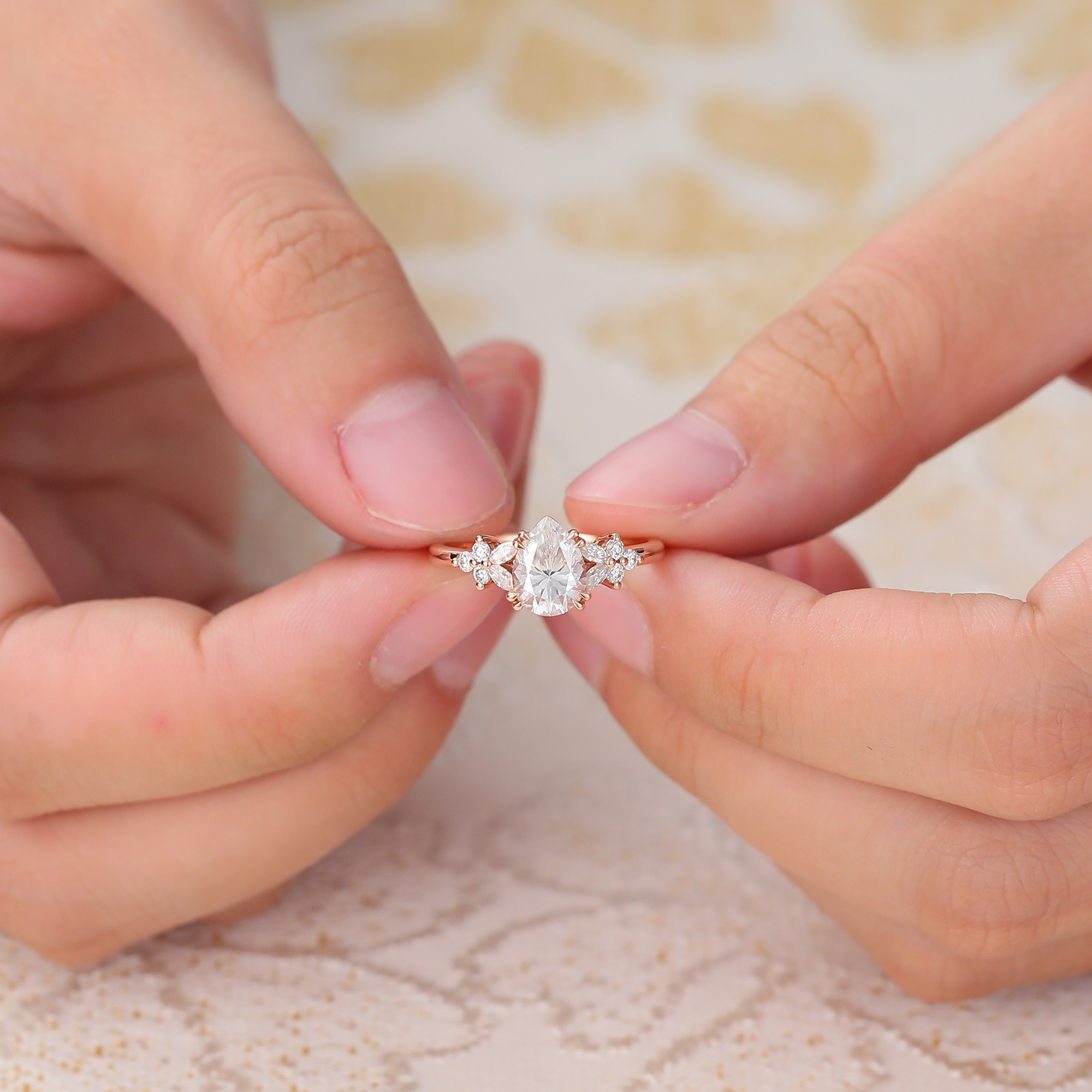 Juyoyo Pear Cut Teardrop Moissanite Engagement Ring Vintage Diamond Cluster Ring 14K Rose Gold