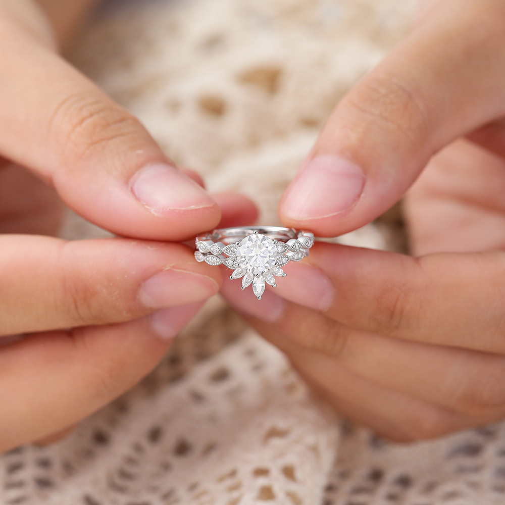 Juyoyo 1ct Moissanite White gold Milgrain Engagement Ring Set