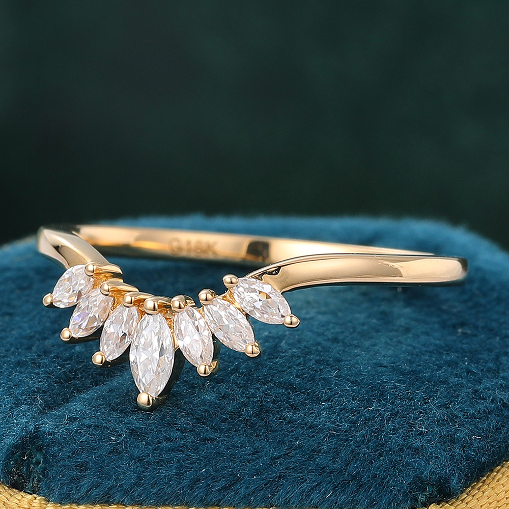 Juyoyo Unique Marquise Cut Moissanite Curved Wedding Band Yellow Gold Diamond Stacking Ring for Women