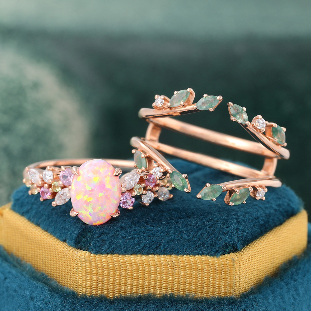 Juyoyo Oval Cut Pink Opal Bridal Ring Set Vintage Nature Inspired Double Curved Wedding Band