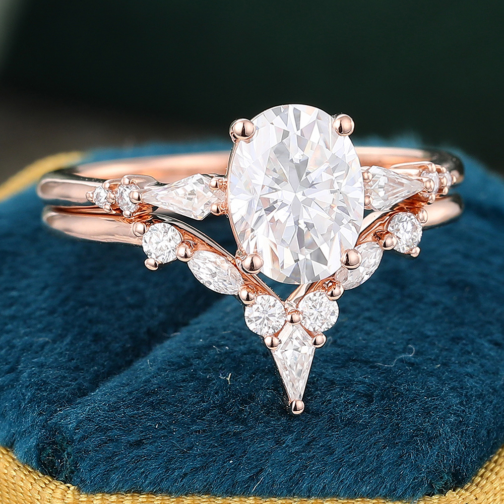 Juyoyo 1.5 Carat Oval Diamond Ring Vintage Moissanite Bridal Ring Set Rose Gold Anniversary Gift - 2pcs