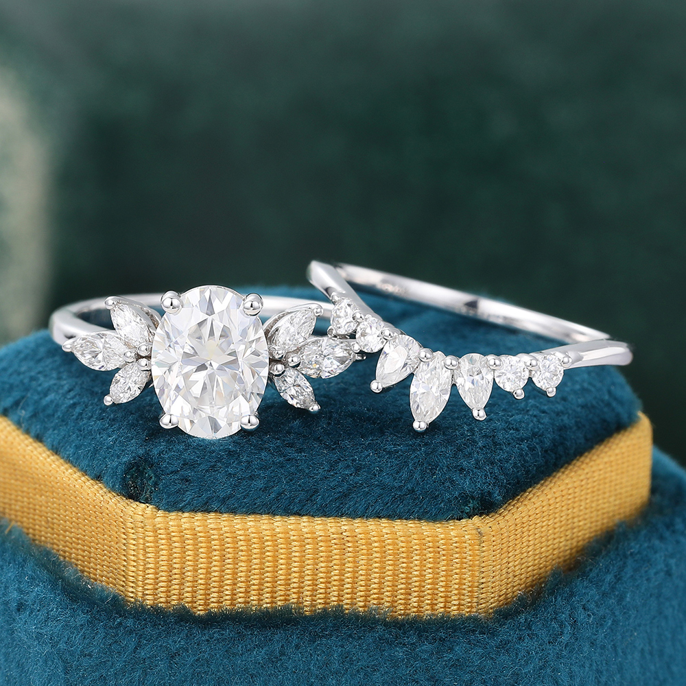 Juyoyo Dainty Oval Moissanite Bridal Ring Set White Gold Diamond Cluster Engagement Ring Set