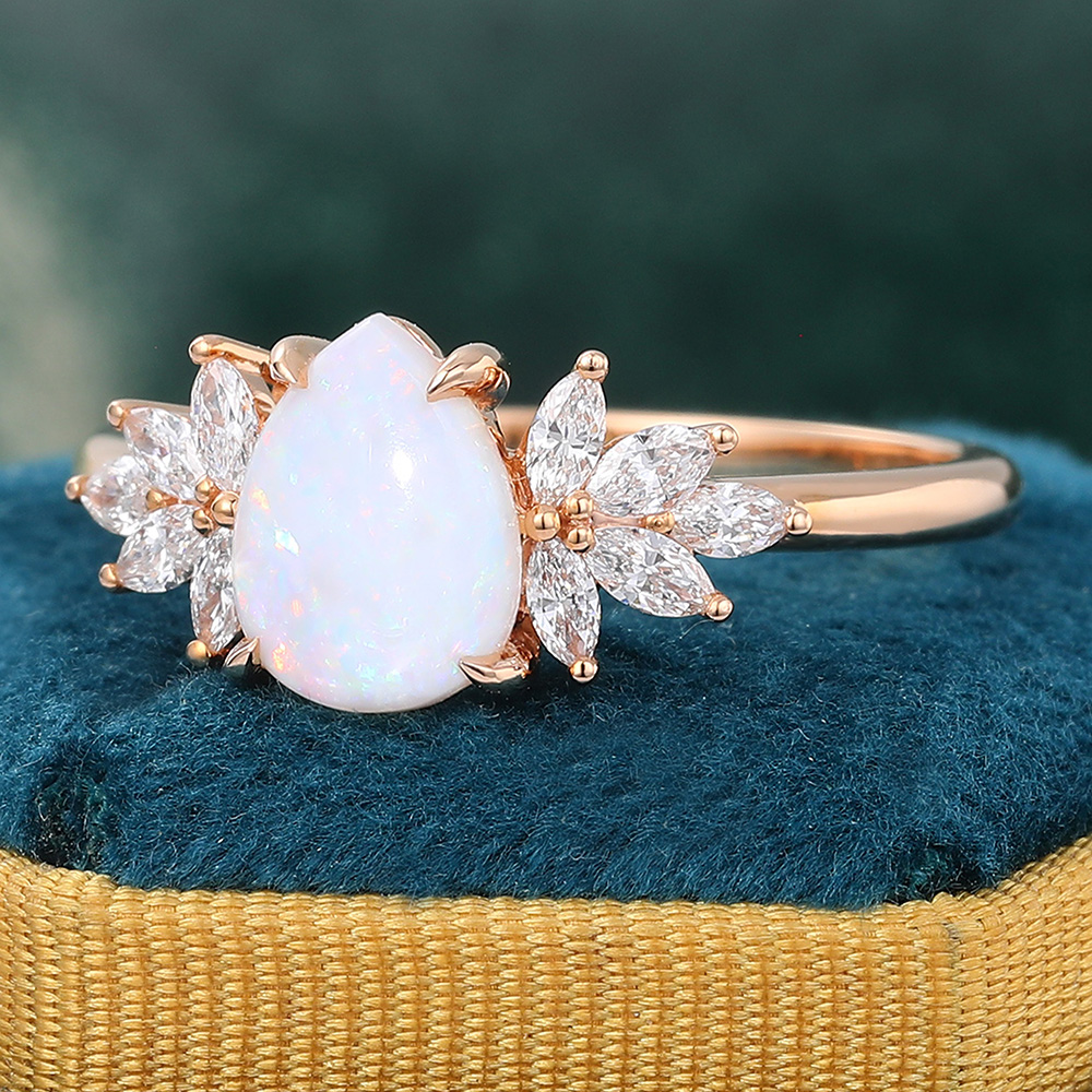 Juyoyo Pear Shaped Opal Engagement Ring Diamond/Moissanite Accented Promise Ring