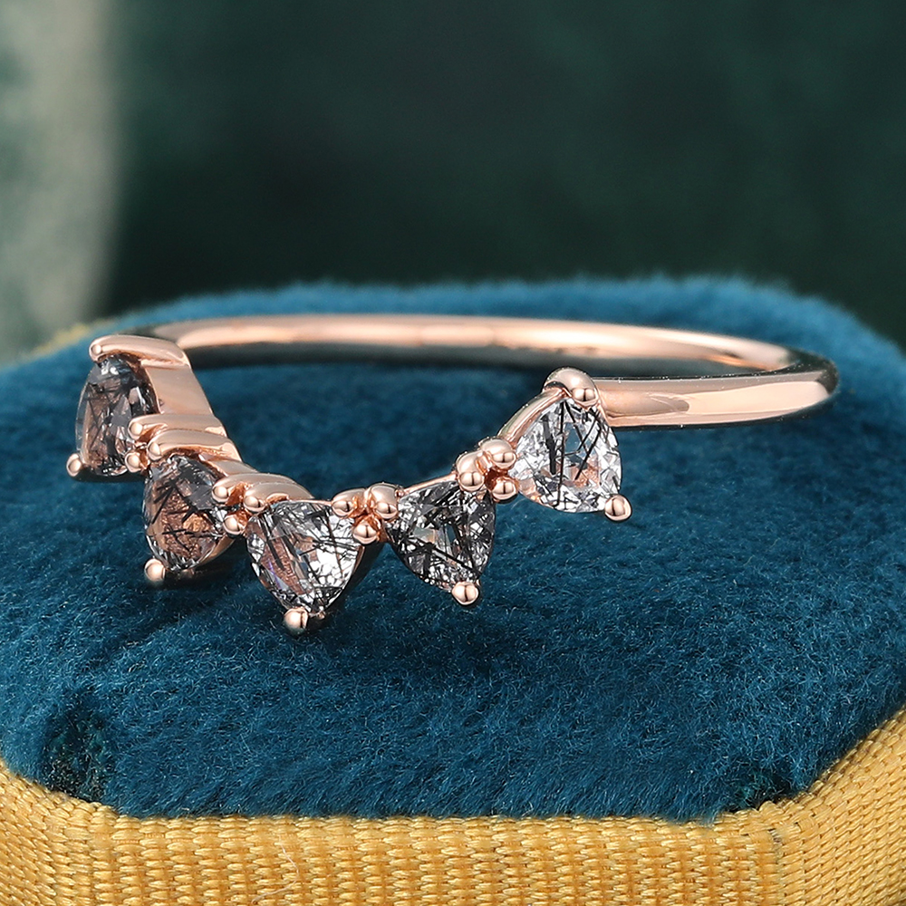 Juyoyo Trillion Cut Black Quartz Rutilated Ring Curved Wedding Band Gold Stacking Ring