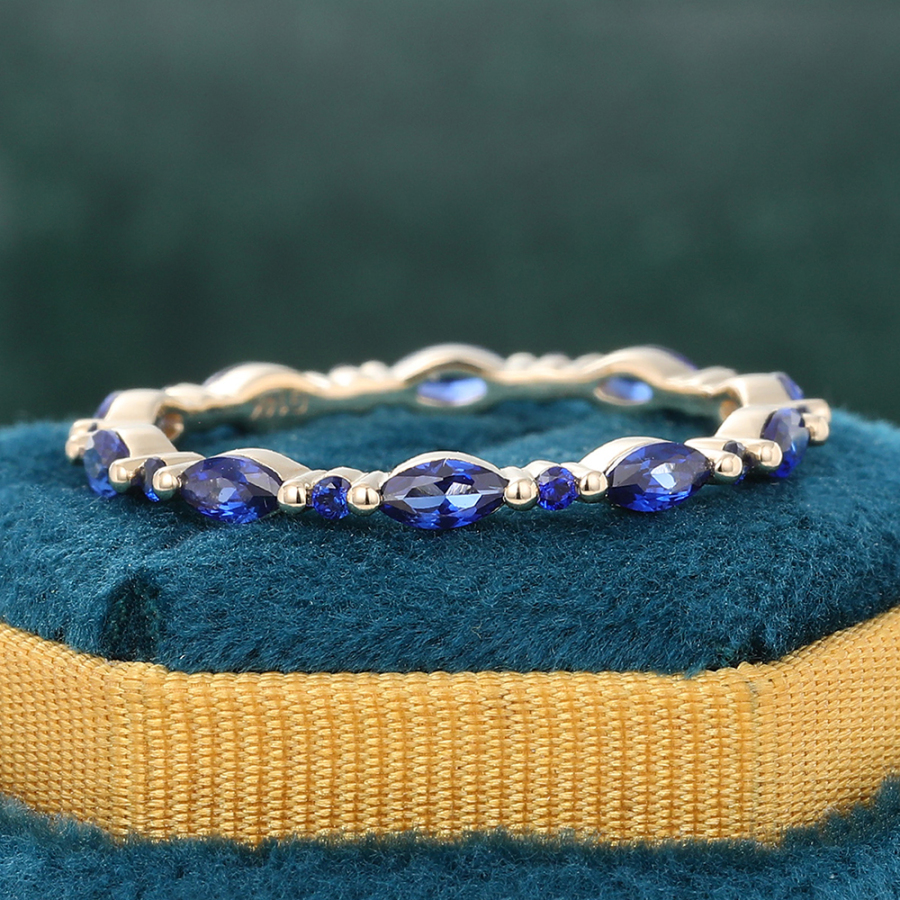 Marquise Cut Sapphire Yellow Gold Stacking Eternity Wedding Band