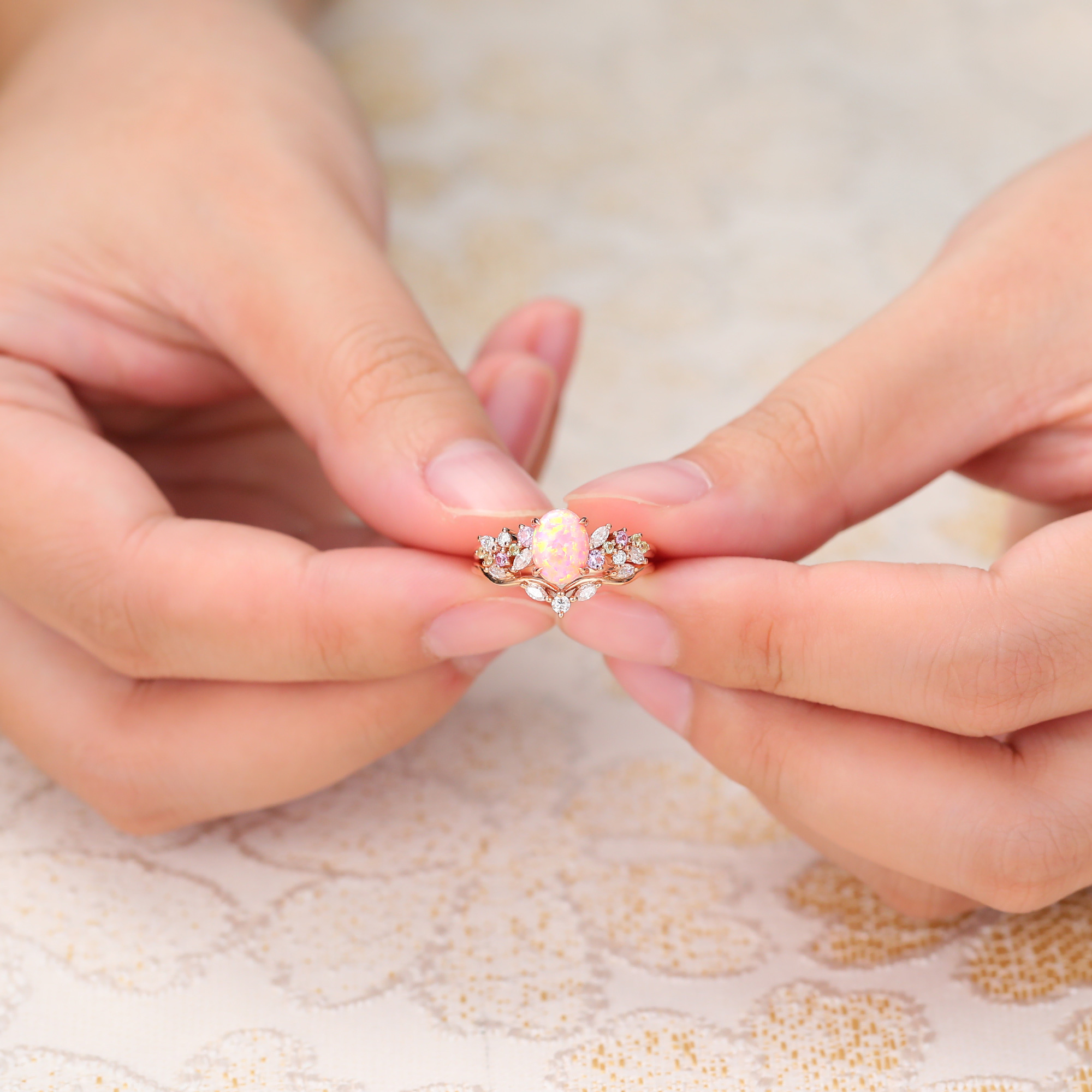 Juyoyo Art Deco Oval Pink Opal Promise Ring Set Moissanite Leaf Stacking Band Women