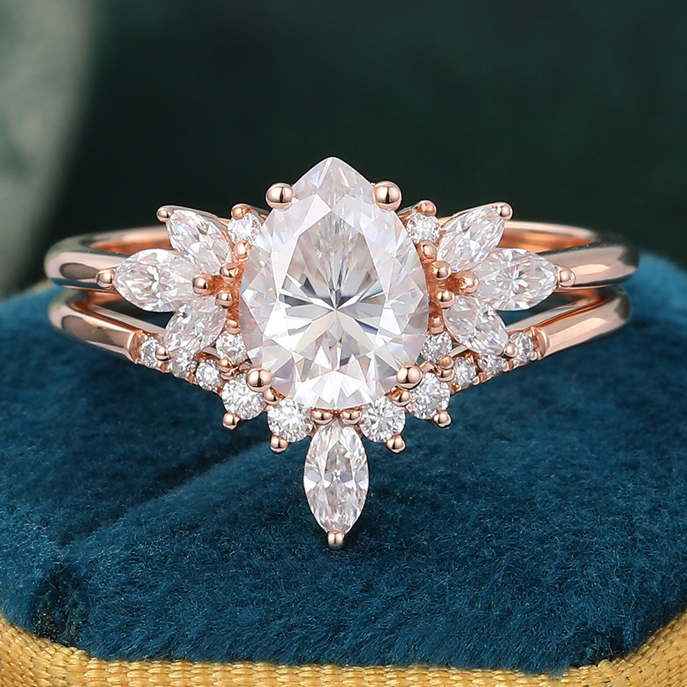 Juyoyo Moissanite Engagement Ring Set Unique Diamond Cluster Bridal Ring Set Women Gift - 2pcs