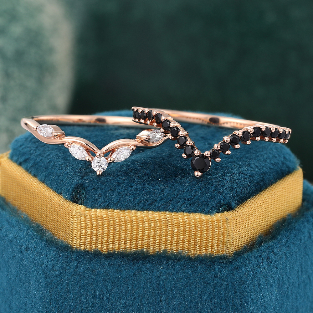 Juyoyo Unique Moissanite & Black Onyx Double Curved Wedding Band Stacking Ring in Rose Gold
