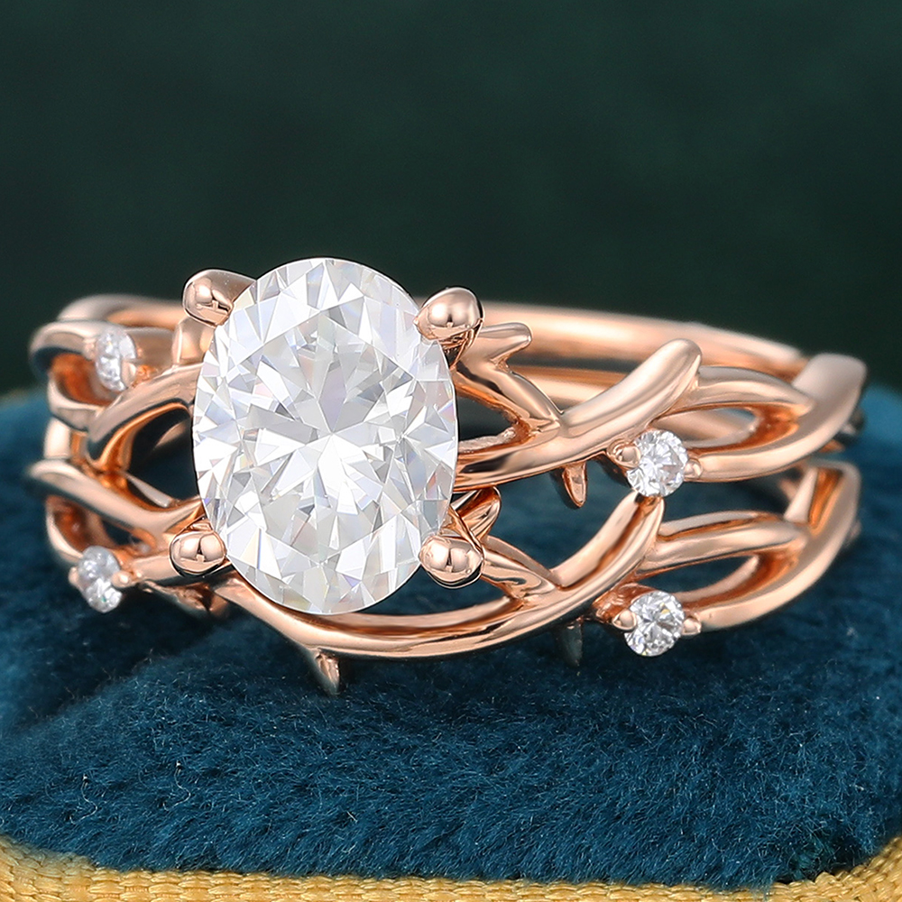Juyoyo Oval Cut Moissanite Bridal Ring Set Vine Nature Inspired Engagement Ring Set 14K Rose Gold