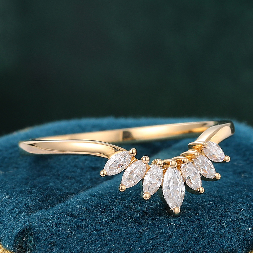 Juyoyo Unique Marquise Cut Moissanite Curved Wedding Band Yellow Gold Diamond Stacking Ring for Women