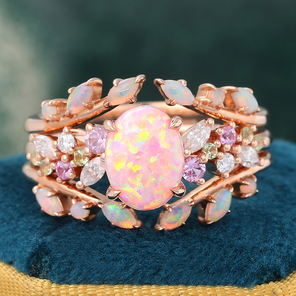 Juyoyo Oval Cut Pink Opal Bridal Ring Set Vintage Nature Inspired Engagement Rings Rose Gold