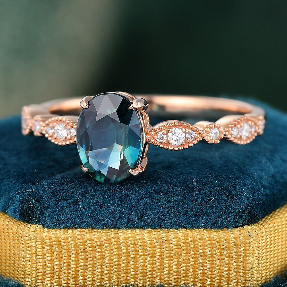 Juyoyo Oval Green Blue Sapphire Engagement Ring Moissanite Milgrain Bridal Ring