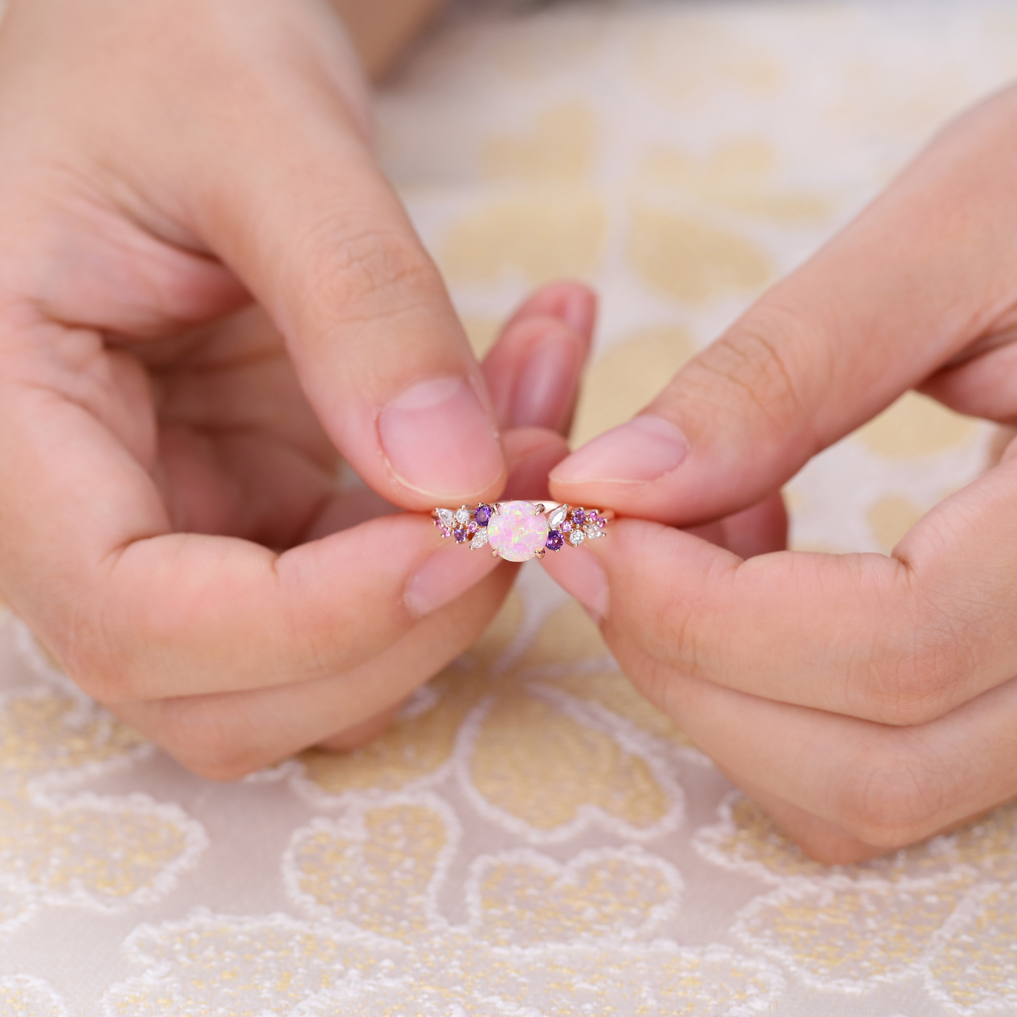 Juyoyo Round Cut Pink Opal Engagement Ring Sapphire Amethyst Moissanite Cluster Promise Ring
