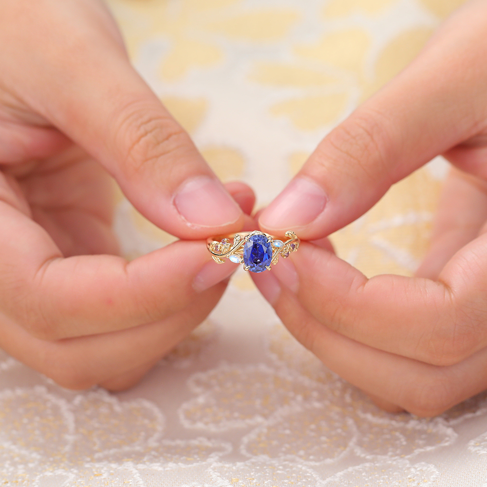 Juyoyo Unique Oval Cut Blue Sapphire Engagement Ring Nature Inspired Promise Ring 14K Yellow Gold