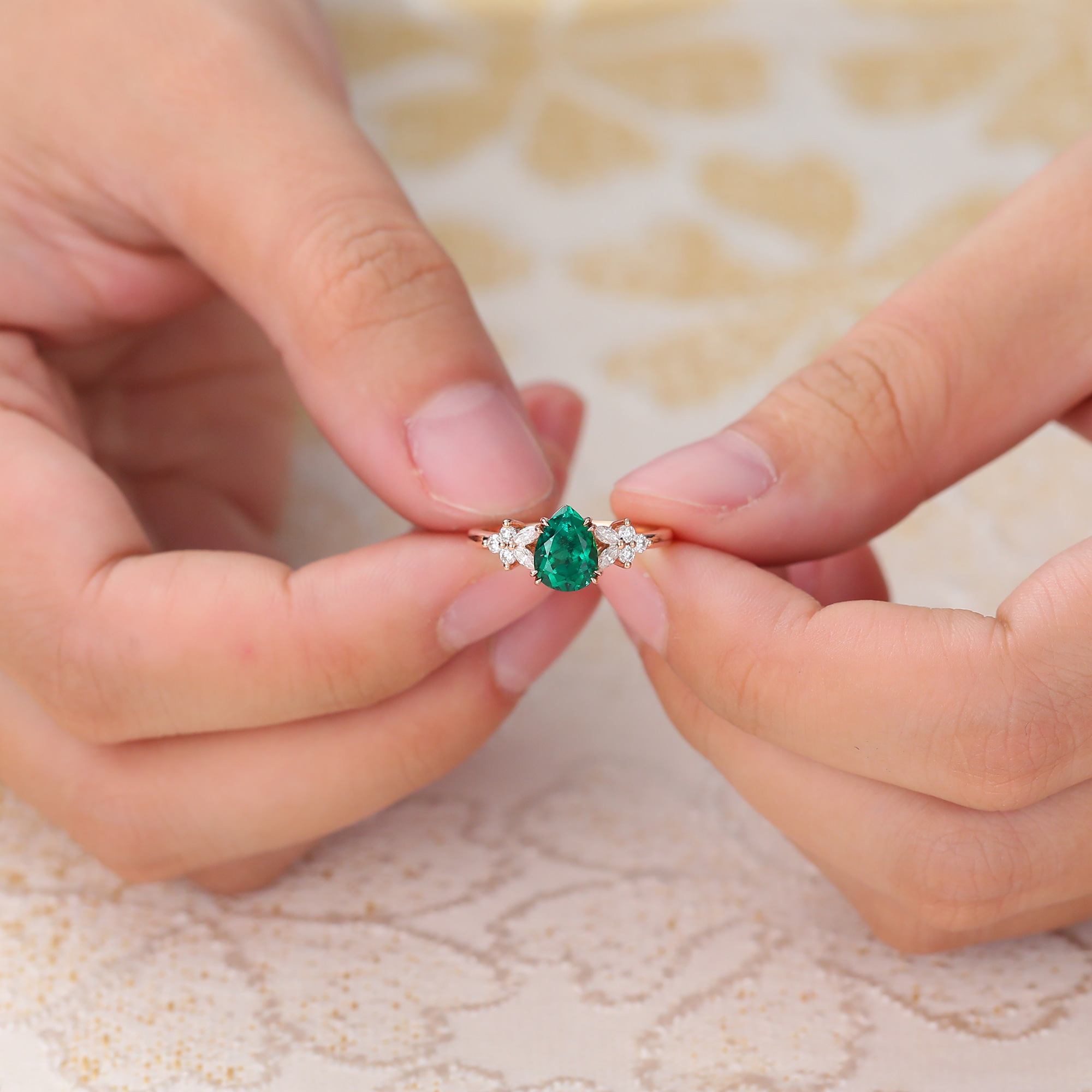 Juyoyo Pear Shape Lab Emerald Engagement Ring Diamond Cluster Ring