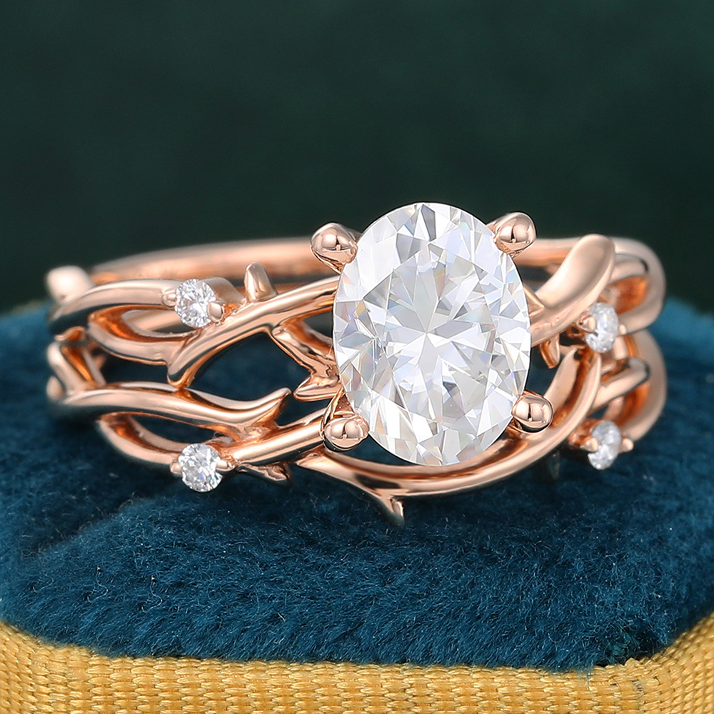 Juyoyo Oval Cut Moissanite Bridal Ring Set Vine Nature Inspired Engagement Ring Set 14K Rose Gold