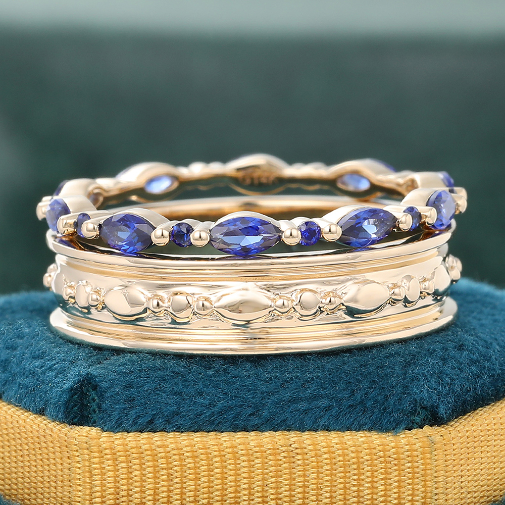 Juyoyo Marquise Sapphire Bridal Ring Set Eternity Wedding Band Wide Double Bands Yellow Gold