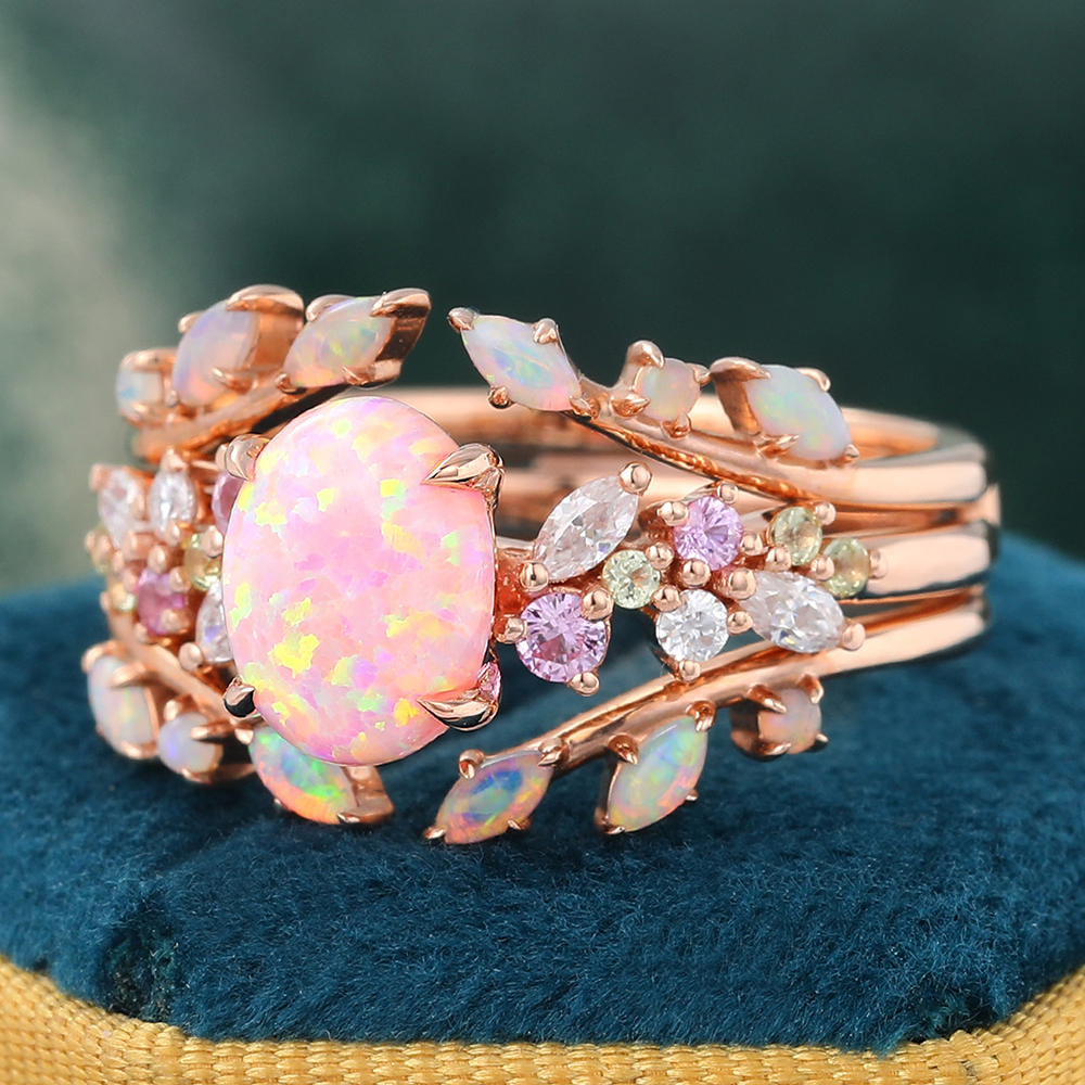 Juyoyo Oval Cut Pink Opal Bridal Ring Set Vintage Nature Inspired Engagement Rings Rose Gold