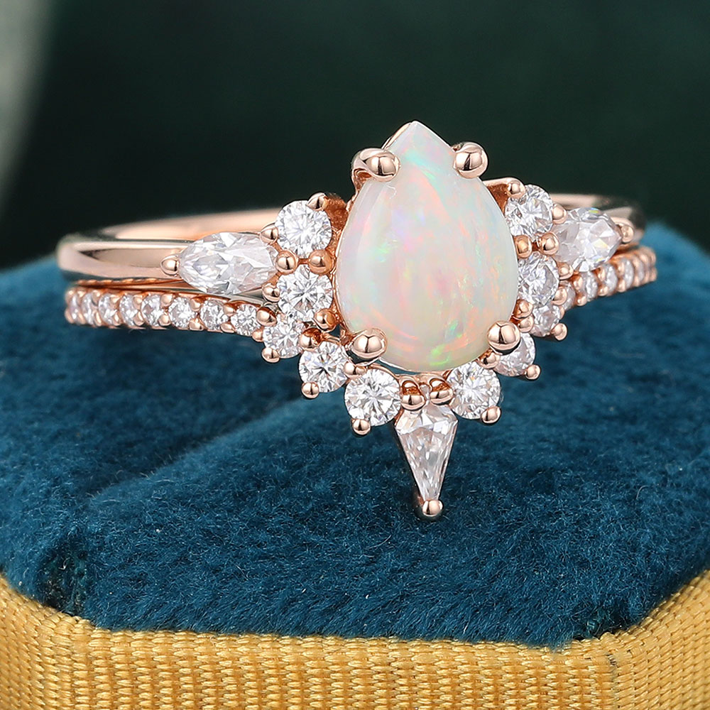 Juyoyo White Opal and Diamond Engagement Ring Set - 2pcs