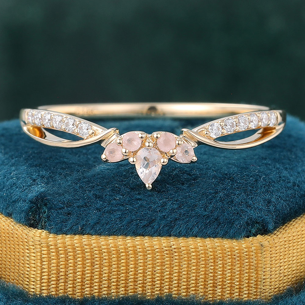 Juyoyo Dainty Pear Shaped Rose Quartz Ring Diamond Curved Wedding Band in 14K Yellow Gold