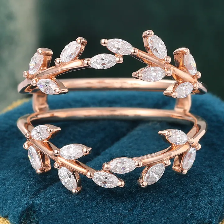 Rose Gold Marquise Cut Moissanite Double Curved Wedding Band Delicate Leaf Shape Enhancer