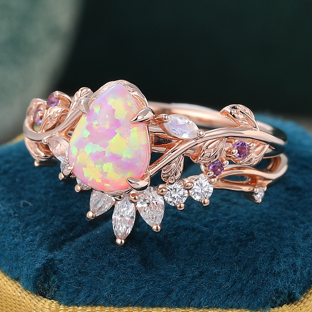Juyoyo Pear Shaped Pink Opal Engagement Ring Set Vintage Natural Inspired Leaf Wedding Ring Set