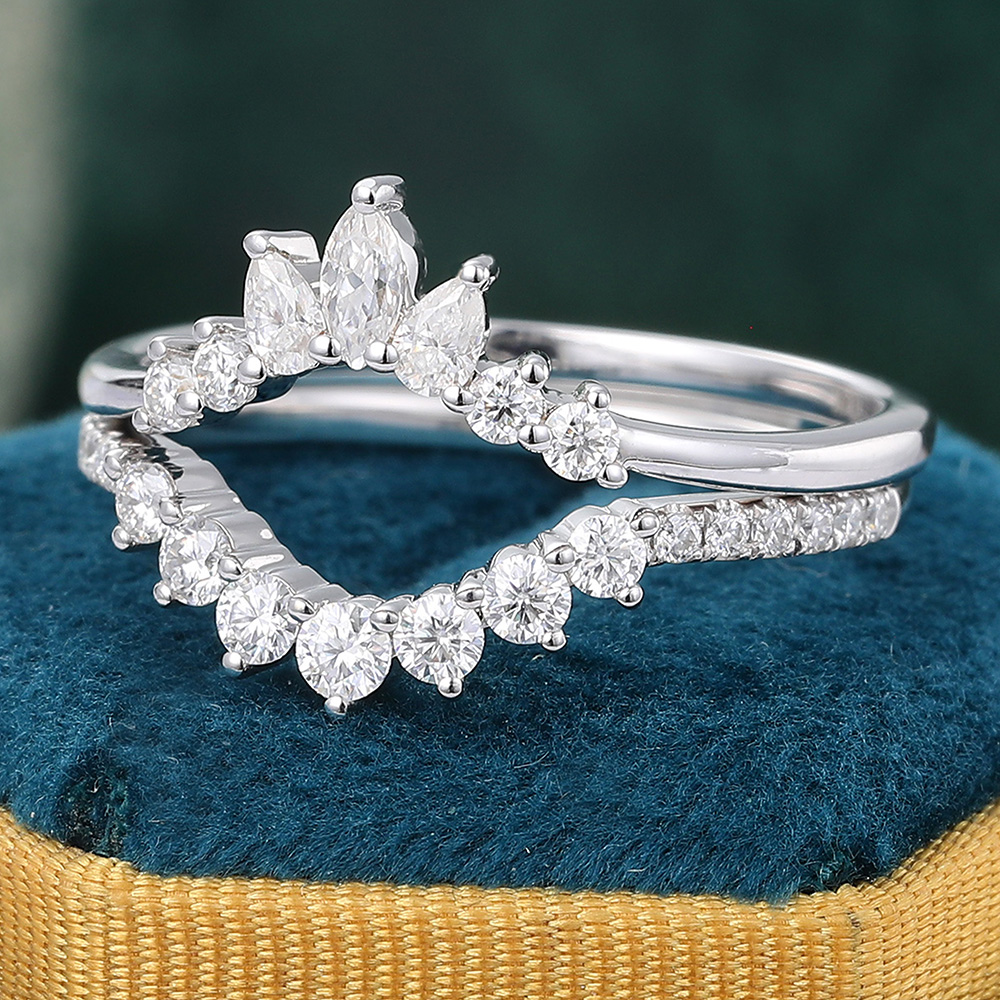 Juyoyo White Gold Moissanite Double Curved Wedding Band Vintage Stackable Band