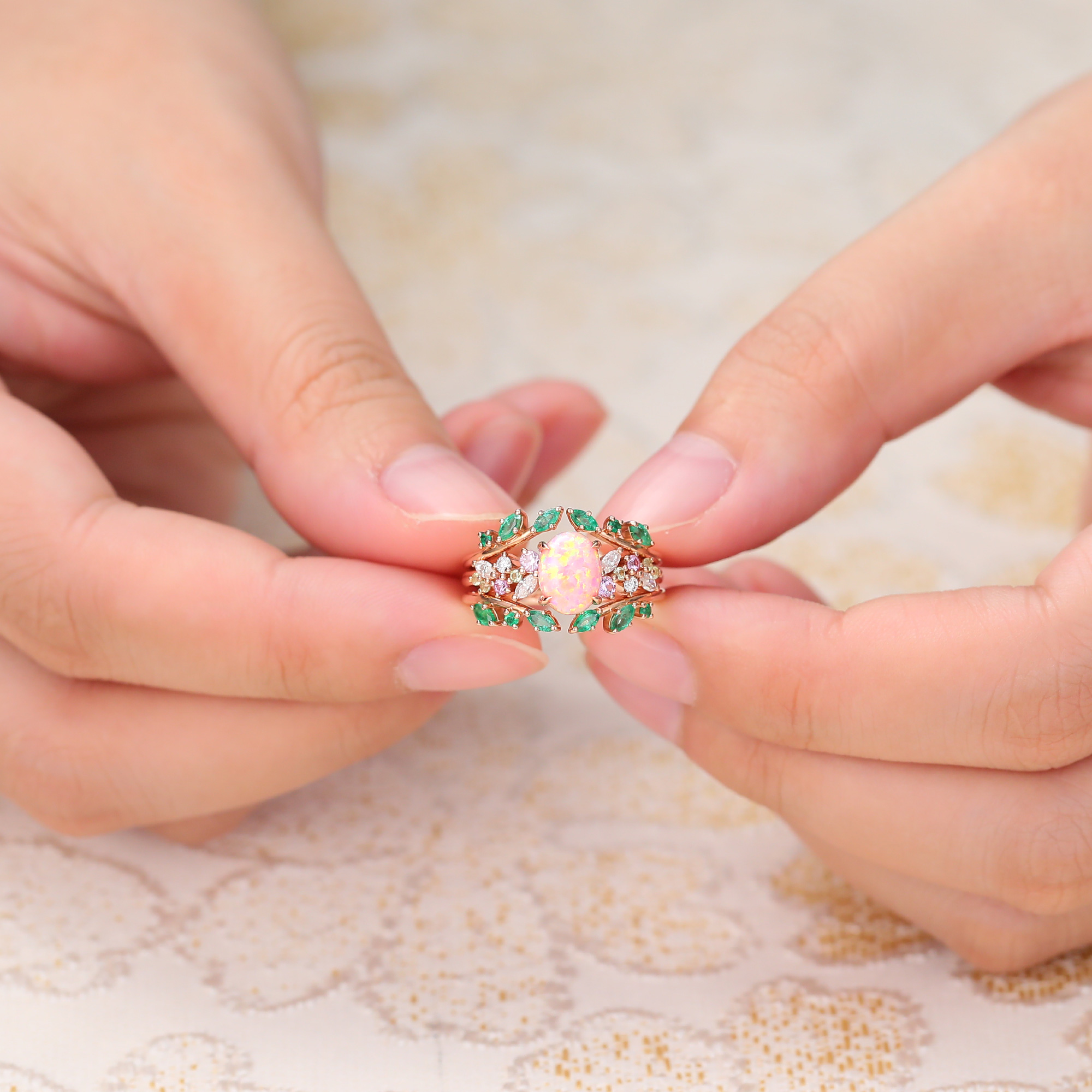 Juyoyo Vintage Oval Pink Opal Engagement Ring Nature Inspired Emerald Wedding Band Rose Gold
