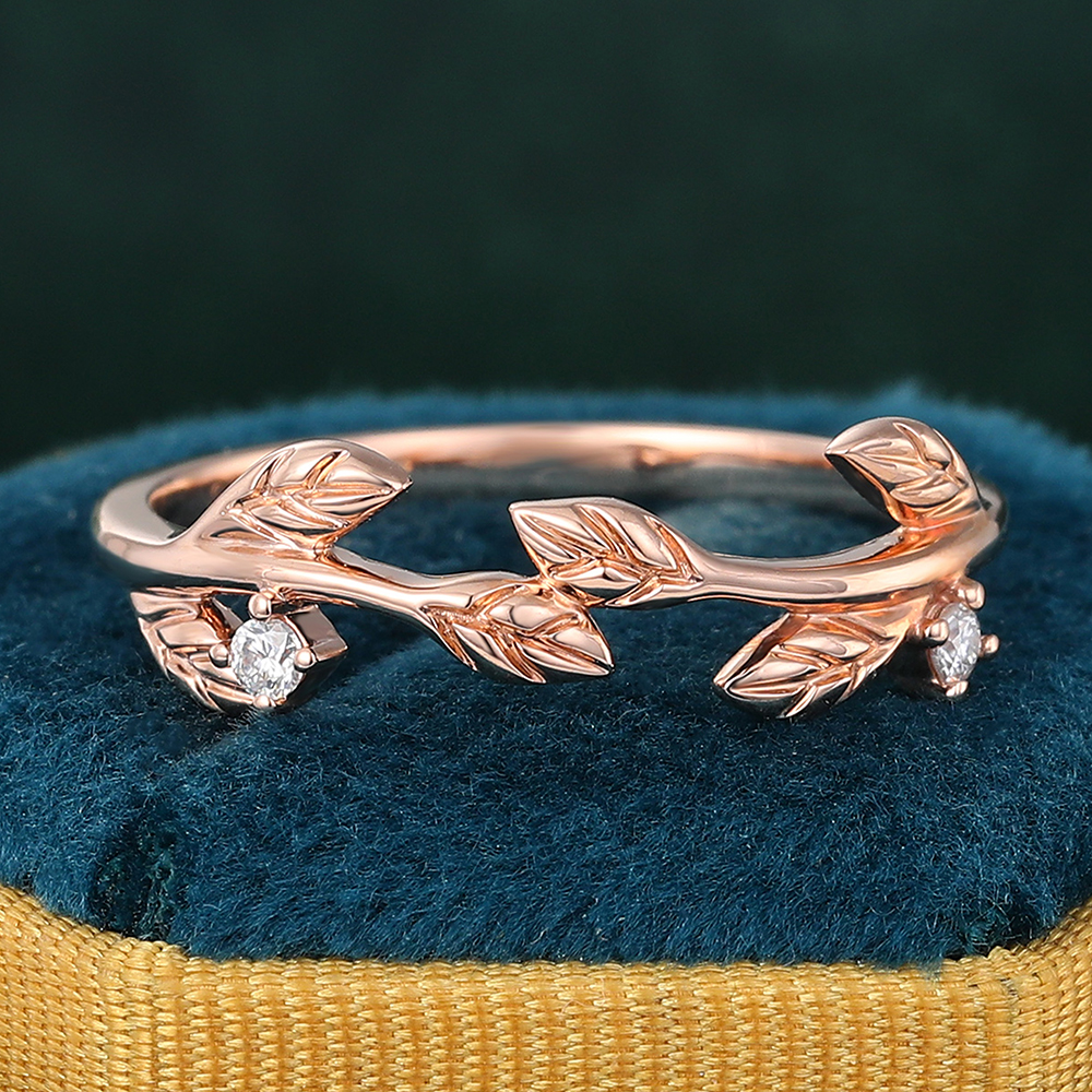Juyoyo 14K Rose Gold Moissanite Diamond Curved Wedding Band Leaf Vine Stacking Ring for Women